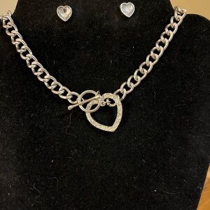 Vintage Cubic zirconia heart necklace on silver tone chain and post earrings 18”